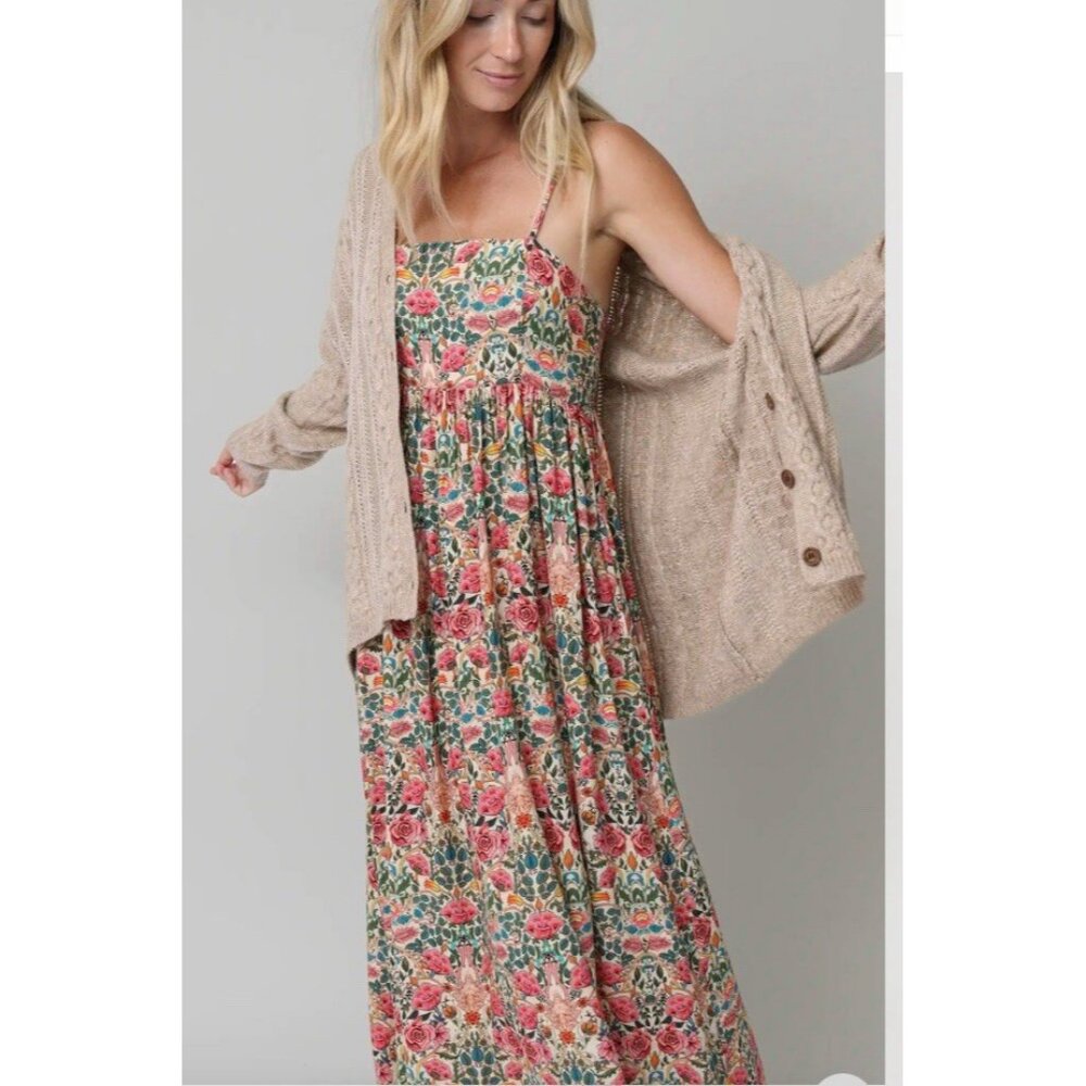 Natural Life Bailey Floral Maxi Dress Sz M Smocked Boho Cottagecore Sleeveless